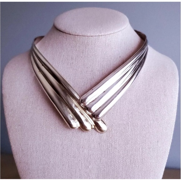 Taxco Mexico Sterling Silver Torc Necklace V Shaped Choker Collar 15-inch 76g - Picture 7 of 15